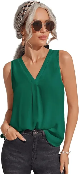 Milumia Women Sleeveless V Neck Work Office Blouse Pleated Tank Top Shirt