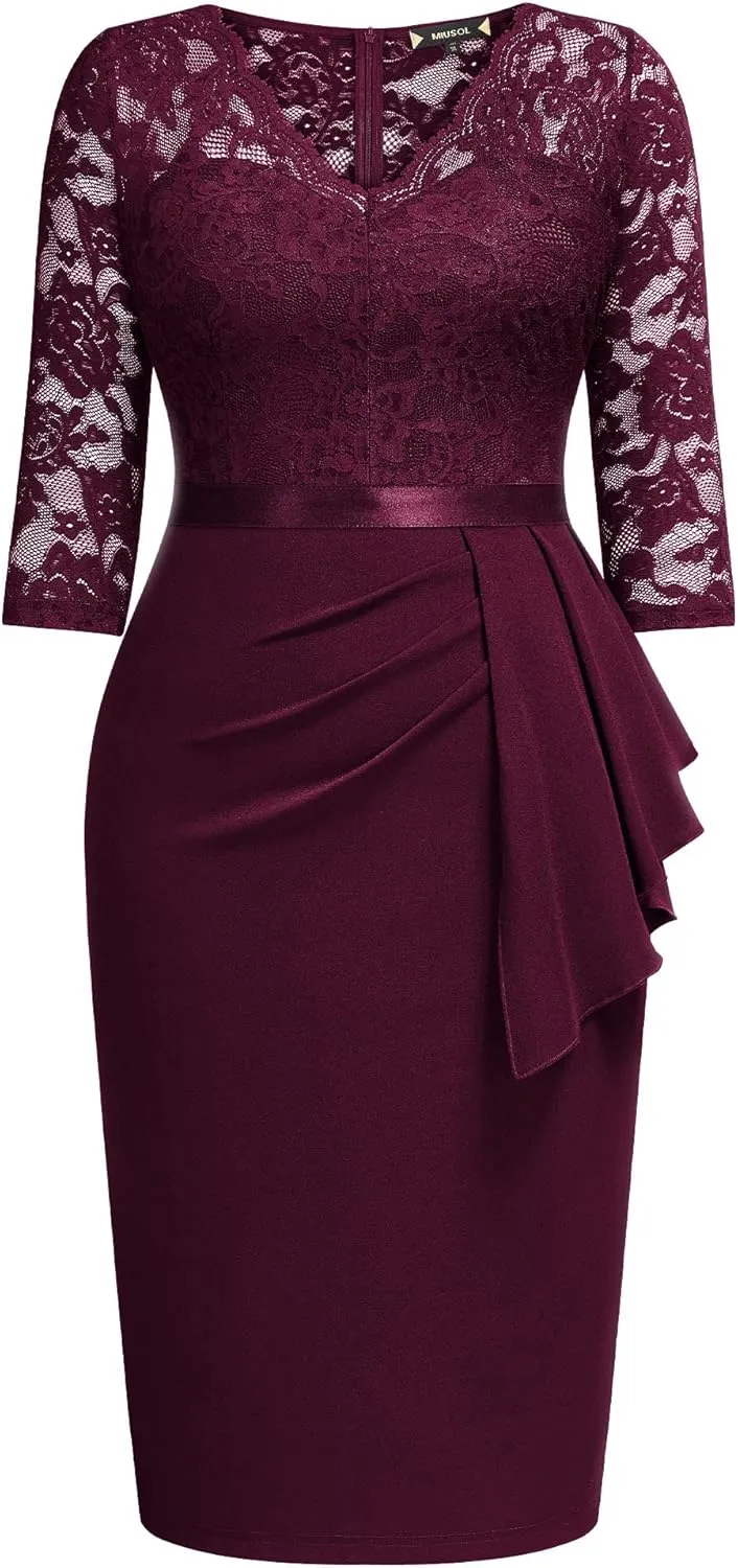 Miusol Women's Plus Size Retro Floral Lace Ruffle V Neck Party Cocktail Dress
