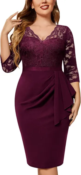 Miusol Women's Plus Size Retro Floral Lace Ruffle V Neck Party Cocktail Dress