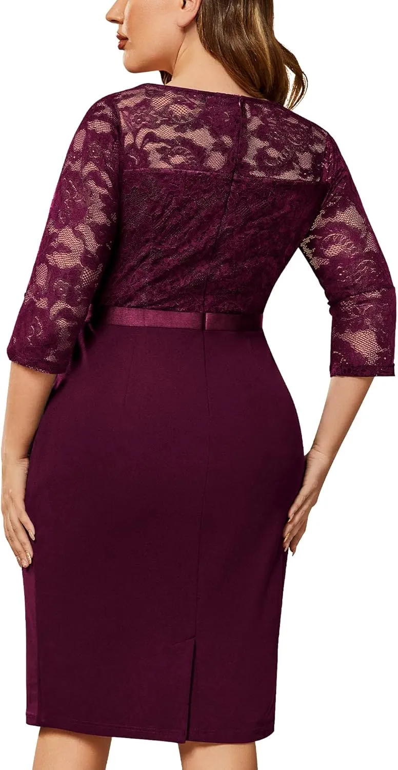 Miusol Women's Plus Size Retro Floral Lace Ruffle V Neck Party Cocktail Dress