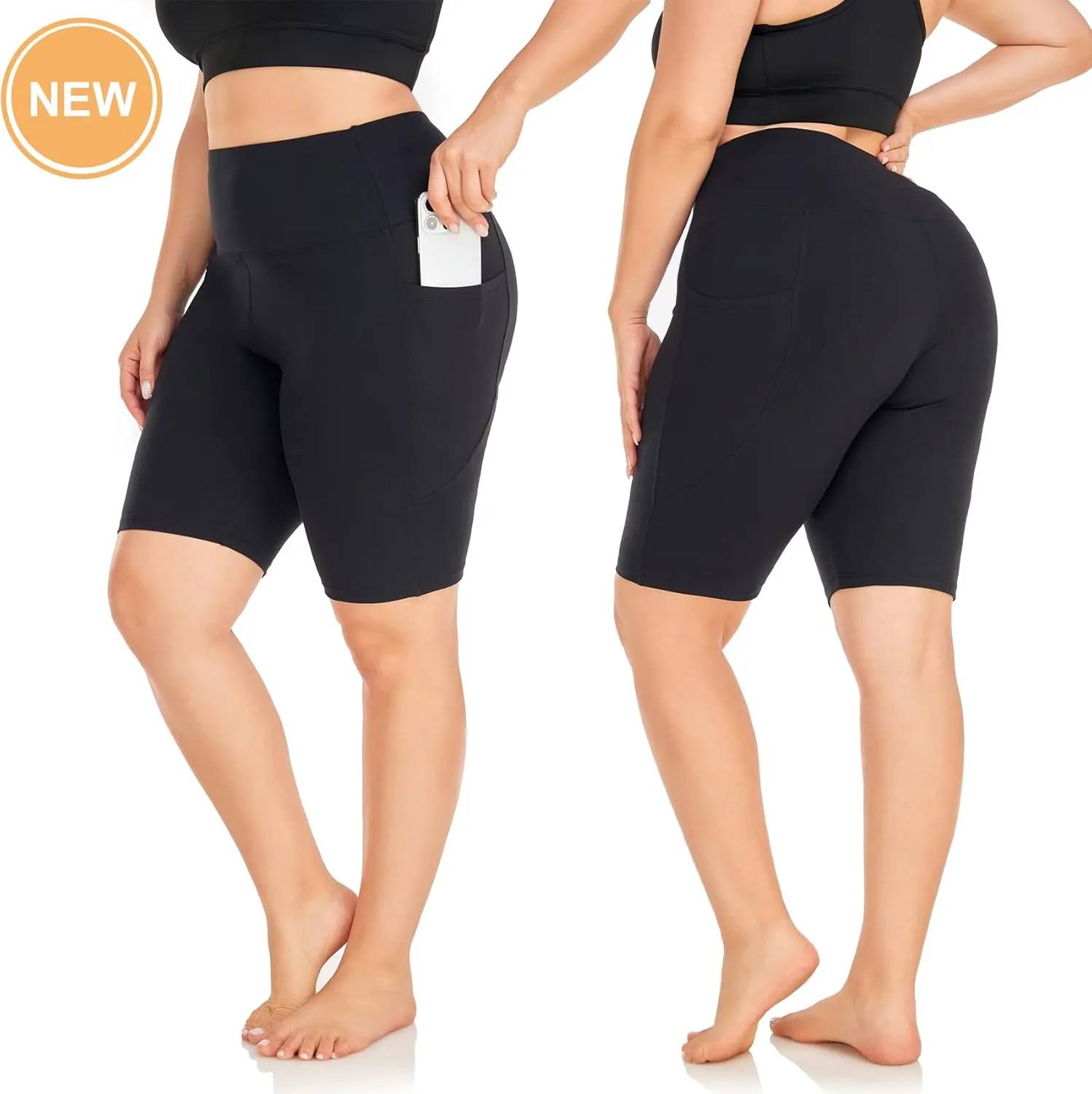 MOREFEEL 3 Pack Plus Size 8" Biker Shorts with Pockets for Women-High Waist Non-See Through Workout Black Yoga Short