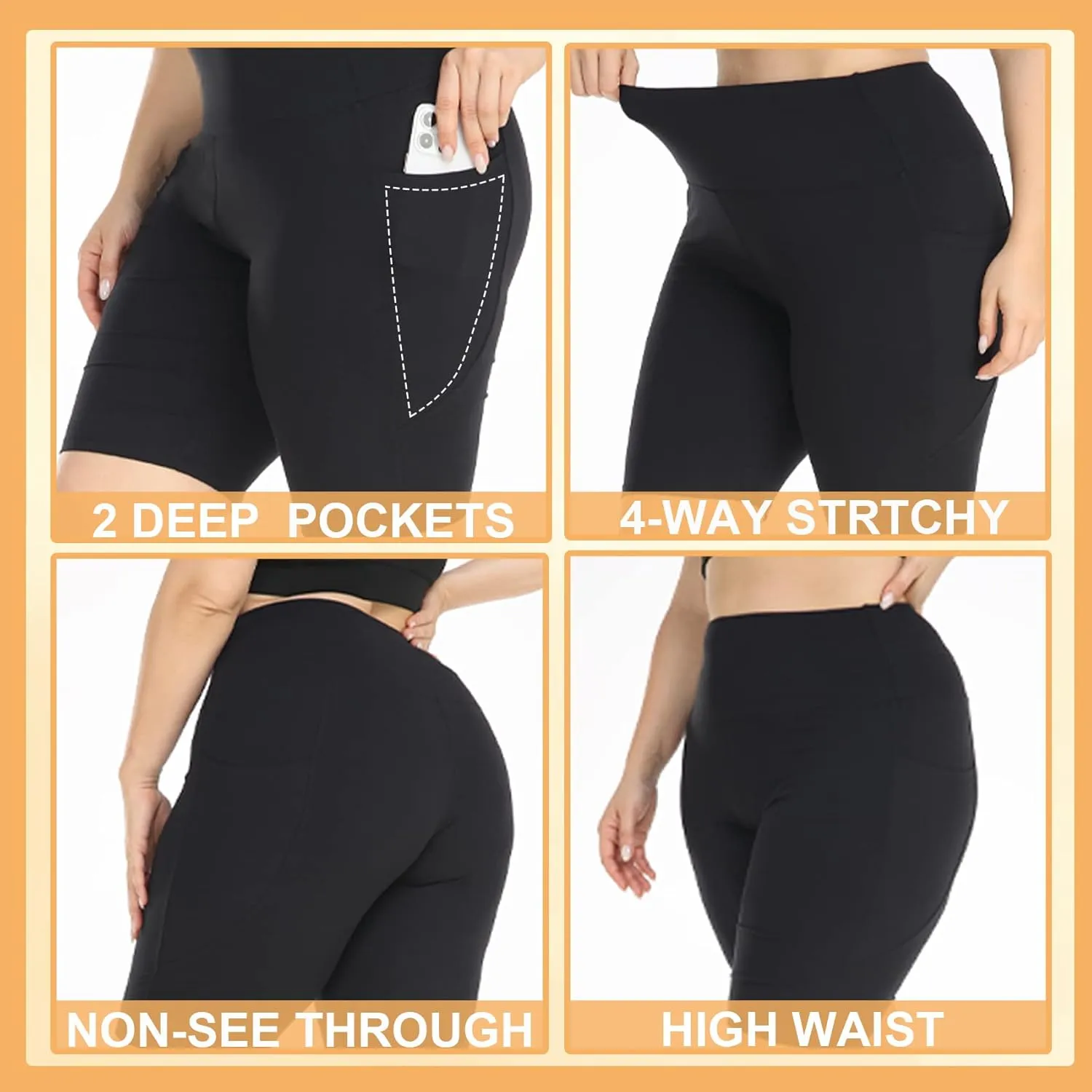 MOREFEEL 3 Pack Plus Size 8" Biker Shorts with Pockets for Women-High Waist Non-See Through Workout Black Yoga Short