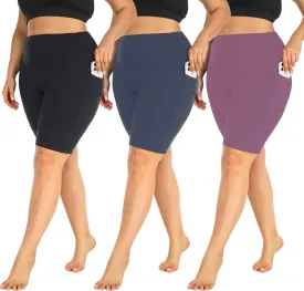 MOREFEEL 3 Pack Plus Size 8" Biker Shorts with Pockets for Women-High Waist Non-See Through Workout Black Yoga Short