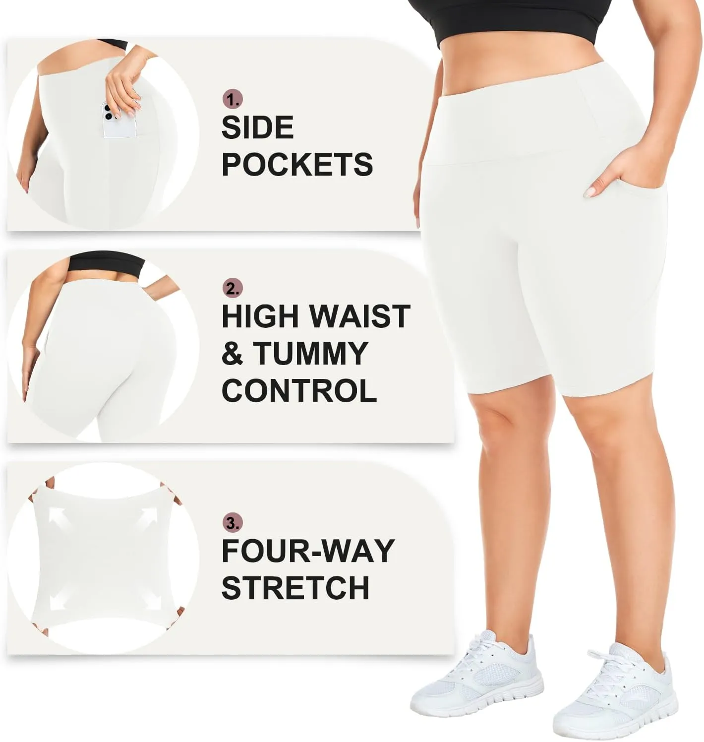 MOREFEEL Plus Size 8" Biker Shorts with Pockets for Women  High Waisted Tummy Control Black Yoga Shorts (XL-4XL)