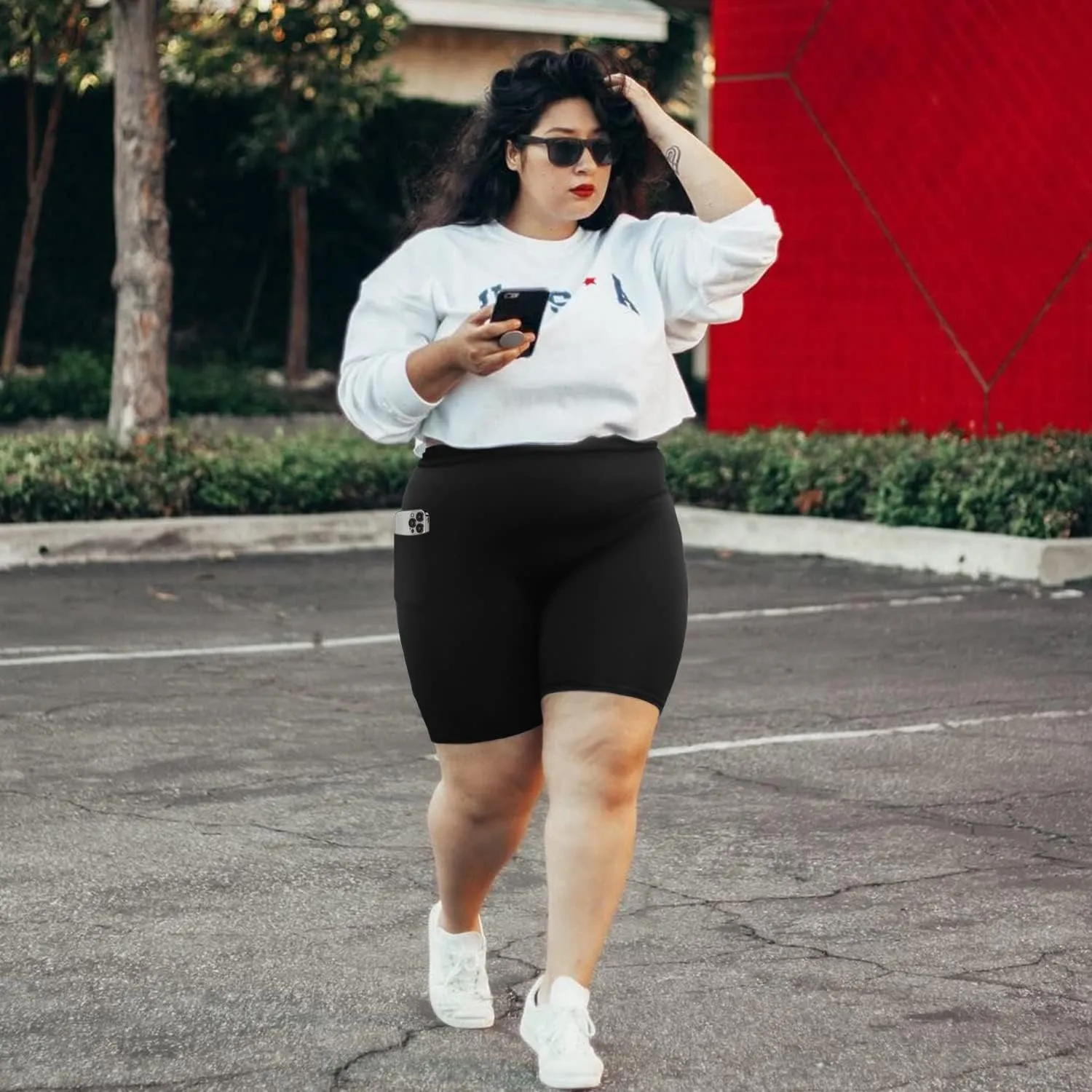 MOREFEEL Plus Size 8" Biker Shorts with Pockets for Women  High Waisted Tummy Control Black Yoga Shorts (XL-4XL)
