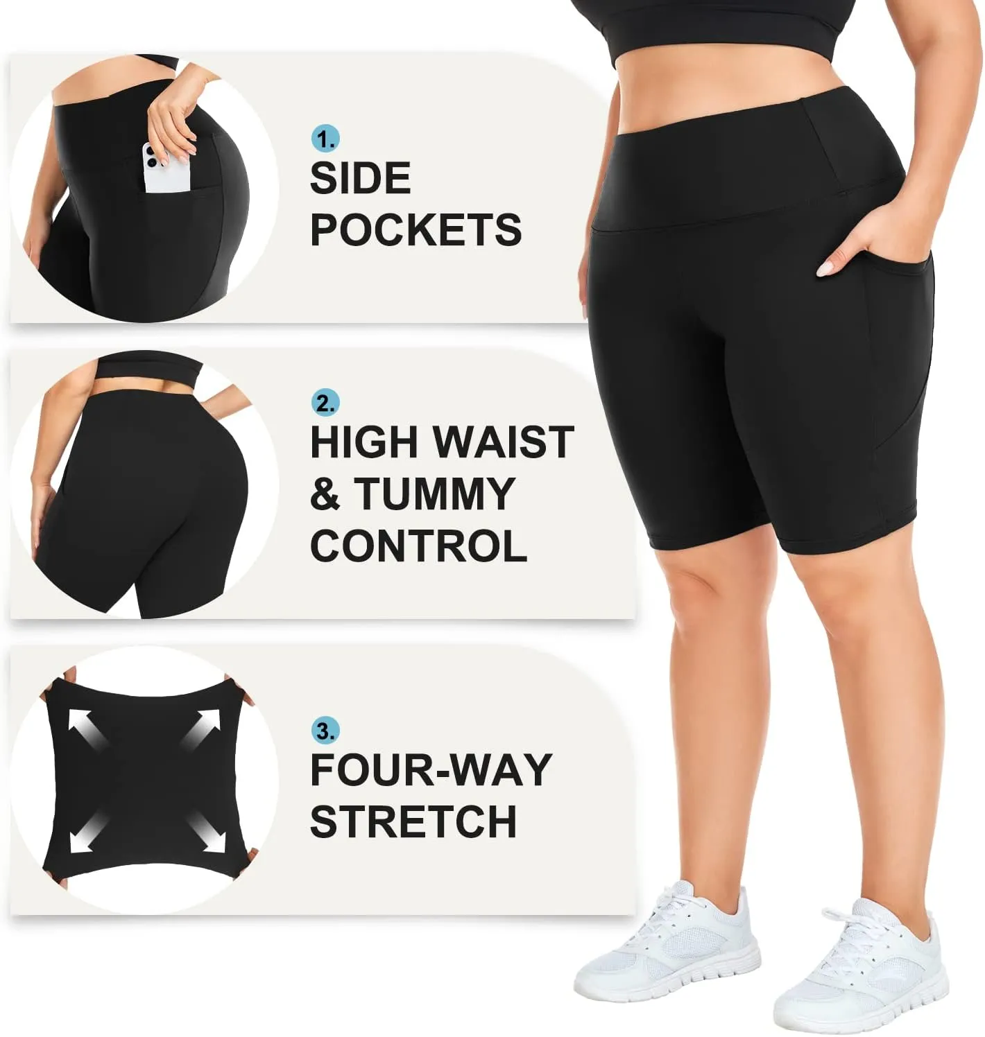 MOREFEEL Plus Size 8" Biker Shorts with Pockets for Women  High Waisted Tummy Control Black Yoga Shorts (XL-4XL)