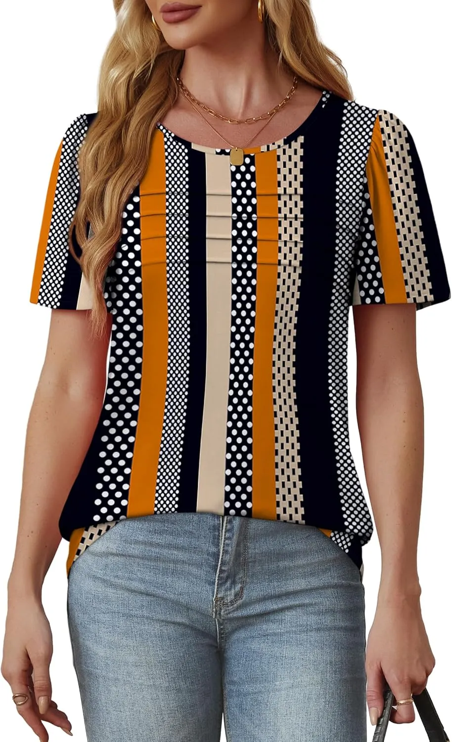 OFEEFAN Womens T Shirts Short Sleeve Tops Dressy Casual Blouses Spring Summer Outfits Flowy Pleated Front Scooped Neck
