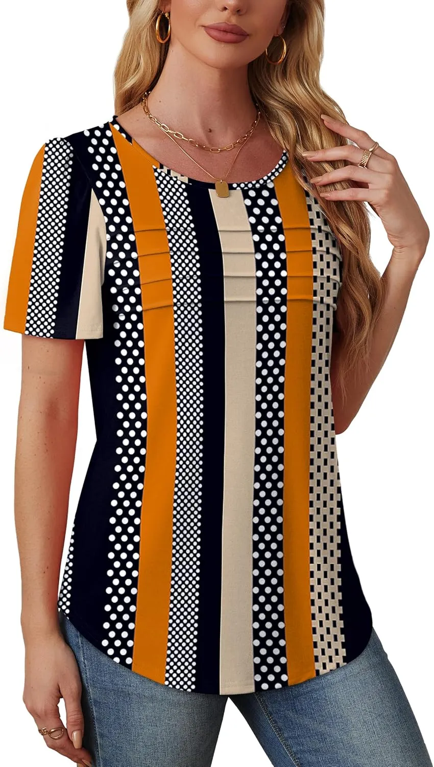 OFEEFAN Womens T Shirts Short Sleeve Tops Dressy Casual Blouses Spring Summer Outfits Flowy Pleated Front Scooped Neck