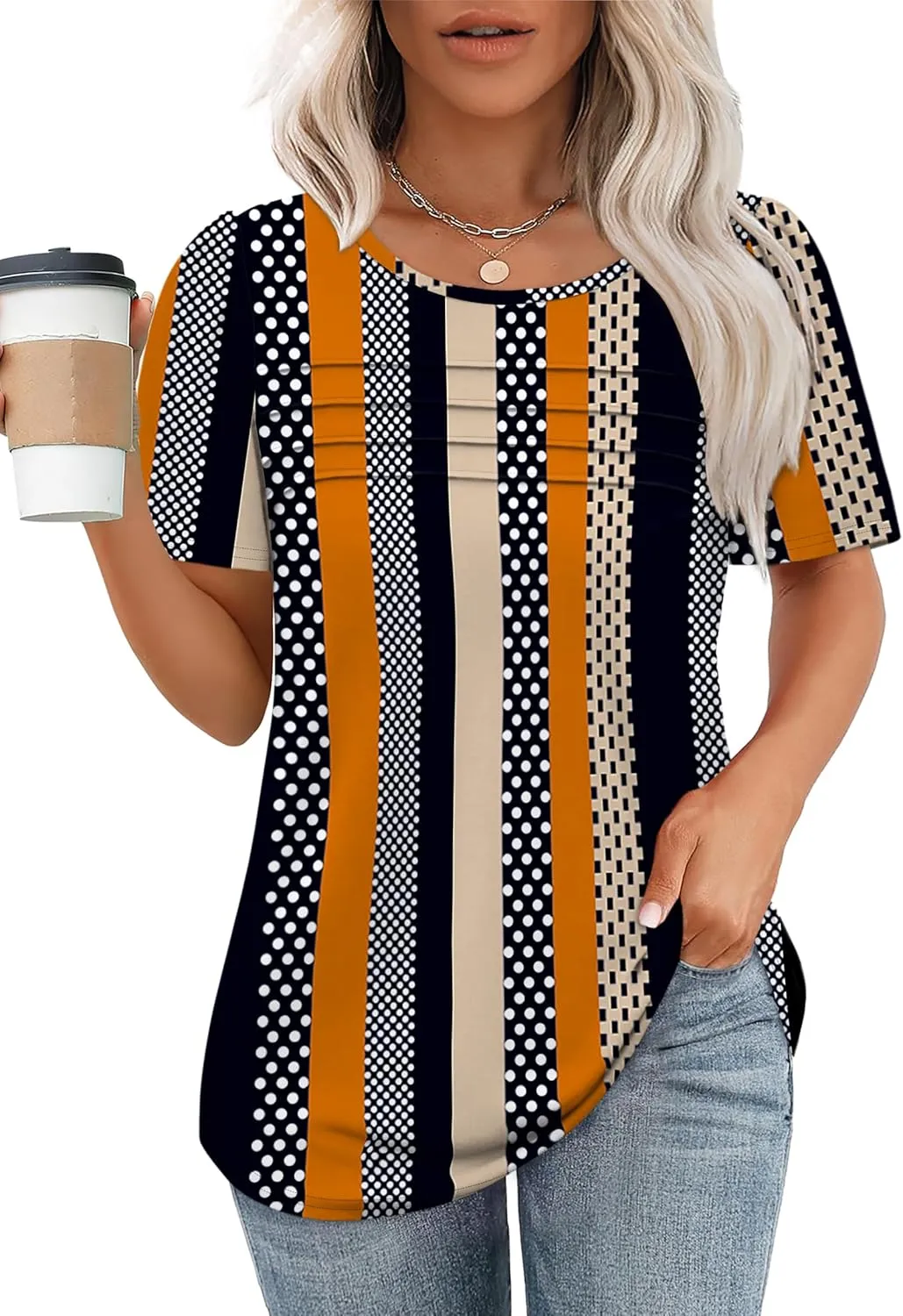 OFEEFAN Womens T Shirts Short Sleeve Tops Dressy Casual Blouses Spring Summer Outfits Flowy Pleated Front Scooped Neck