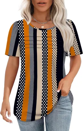 OFEEFAN Womens T Shirts Short Sleeve Tops Dressy Casual Blouses Spring Summer Outfits Flowy Pleated Front Scooped Neck