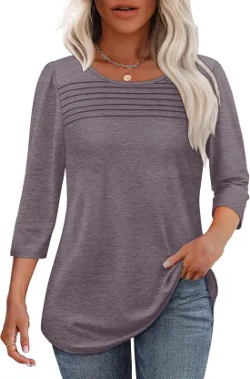 OFEEFAN Womens Tops 3/4 Length Sleeve Blouses Dressy Casual Spring Summer Outfits Pleated Front T Shirts Curved Hem