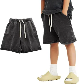 PEHMEA Boys Girls Cotton Shorts, Athletic Casual Jogger Loose Fit Kids Short with Pockets Elastic Waist Drawstring for 5-14Y