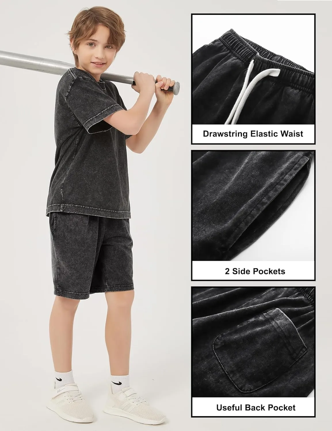 PEHMEA Boys Girls Cotton Shorts, Athletic Casual Jogger Loose Fit Kids Short with Pockets Elastic Waist Drawstring for 5-14Y