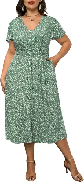Plus Size Summer Dresses - Casual Work Boho Button Front Floral Midi Dress with Pockets