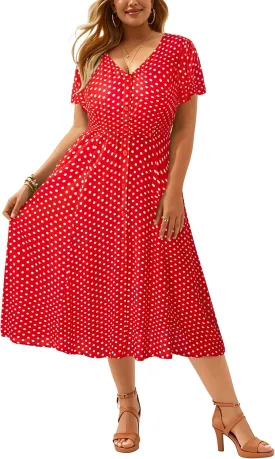 Plus Size Summer Dresses - Casual Work Boho Button Front Floral Midi Dress with Pockets