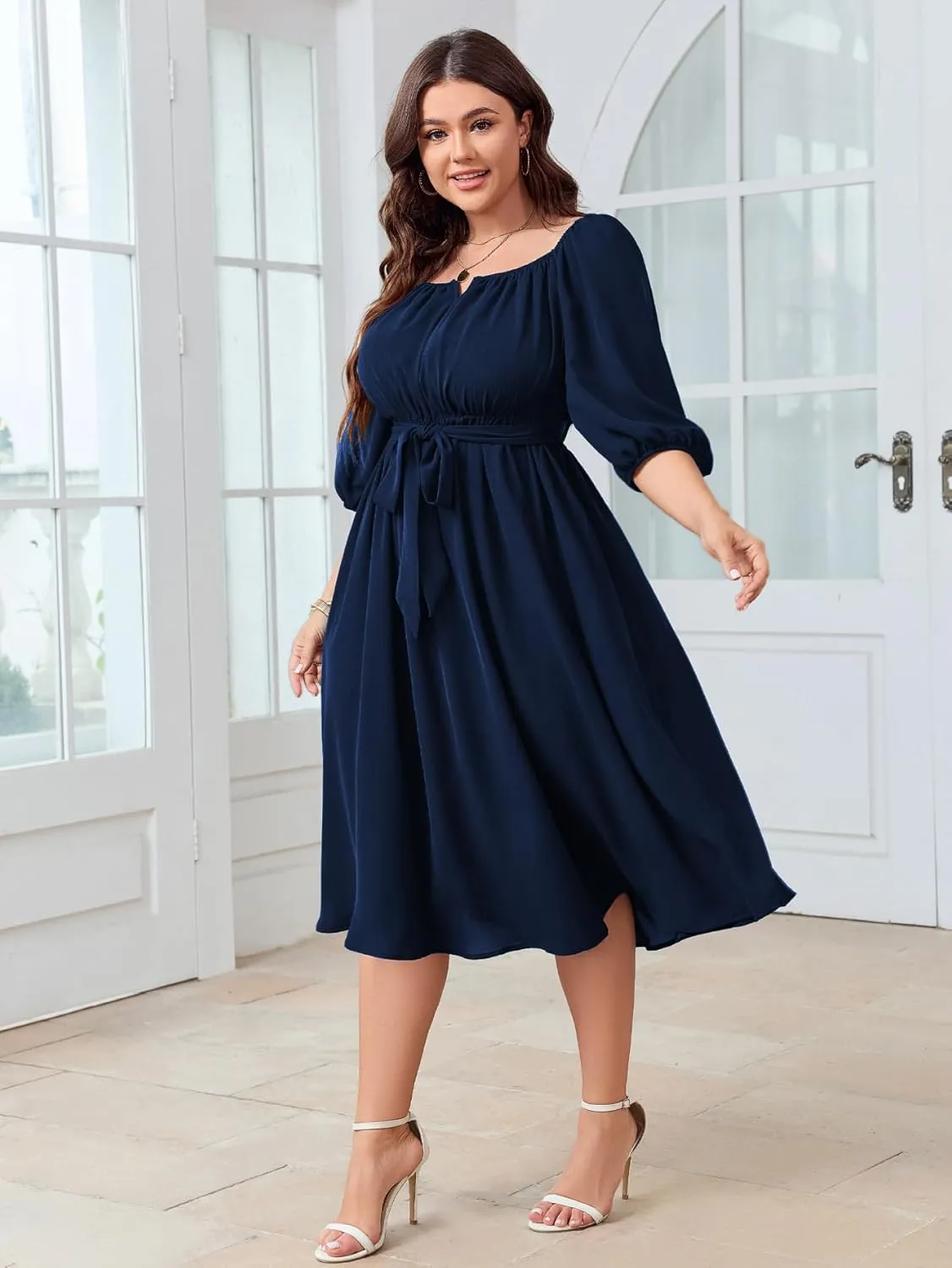 SCOMCHIC Women Plus Size Midi Dresses Puff Short Sleeve Square Neck Wedding Guest Elegant Flowy Belted A Line Dress