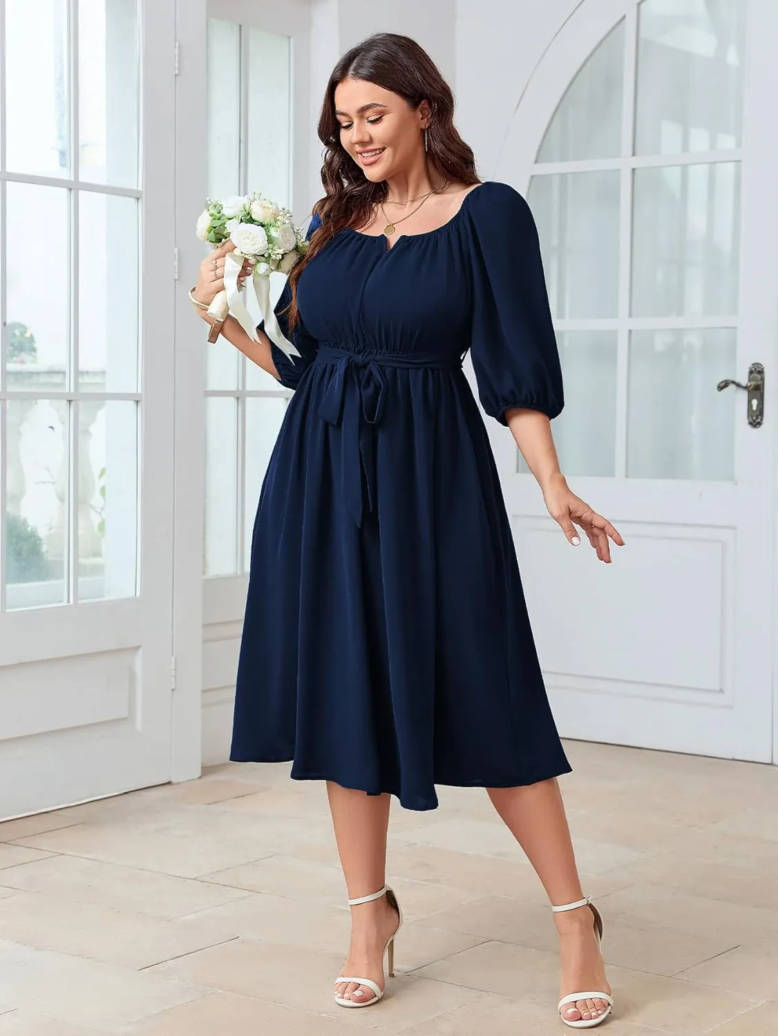 SCOMCHIC Women Plus Size Midi Dresses Puff Short Sleeve Square Neck Wedding Guest Elegant Flowy Belted A Line Dress