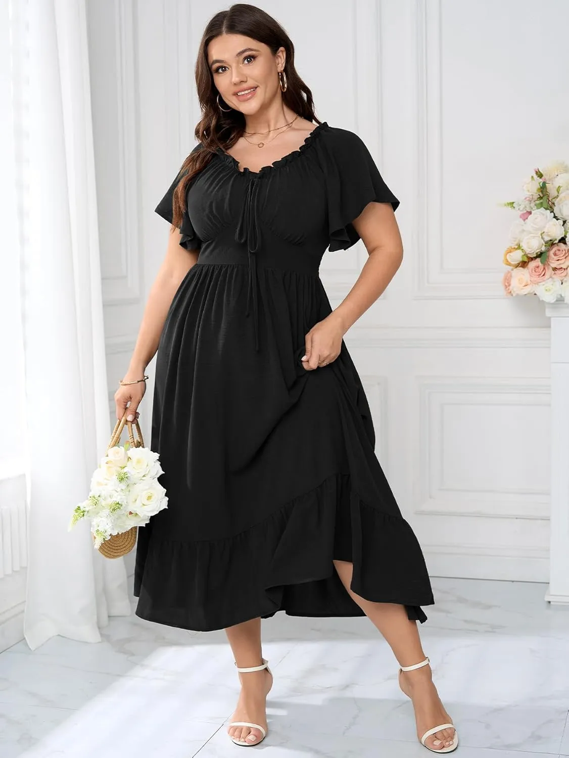 SCOMCHIC Womens Plus Size Dresses Short Sleeve Elastic V Neck Smocked Summer Ruffle Flowy A Line Maxi Dress