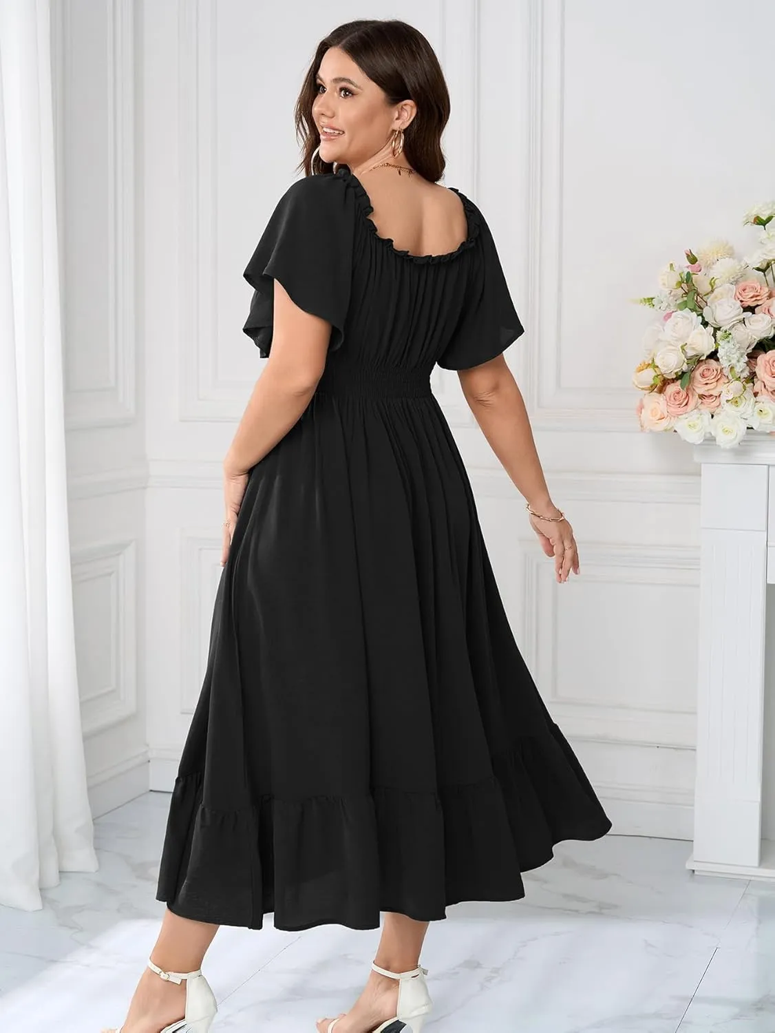 SCOMCHIC Womens Plus Size Dresses Short Sleeve Elastic V Neck Smocked Summer Ruffle Flowy A Line Maxi Dress
