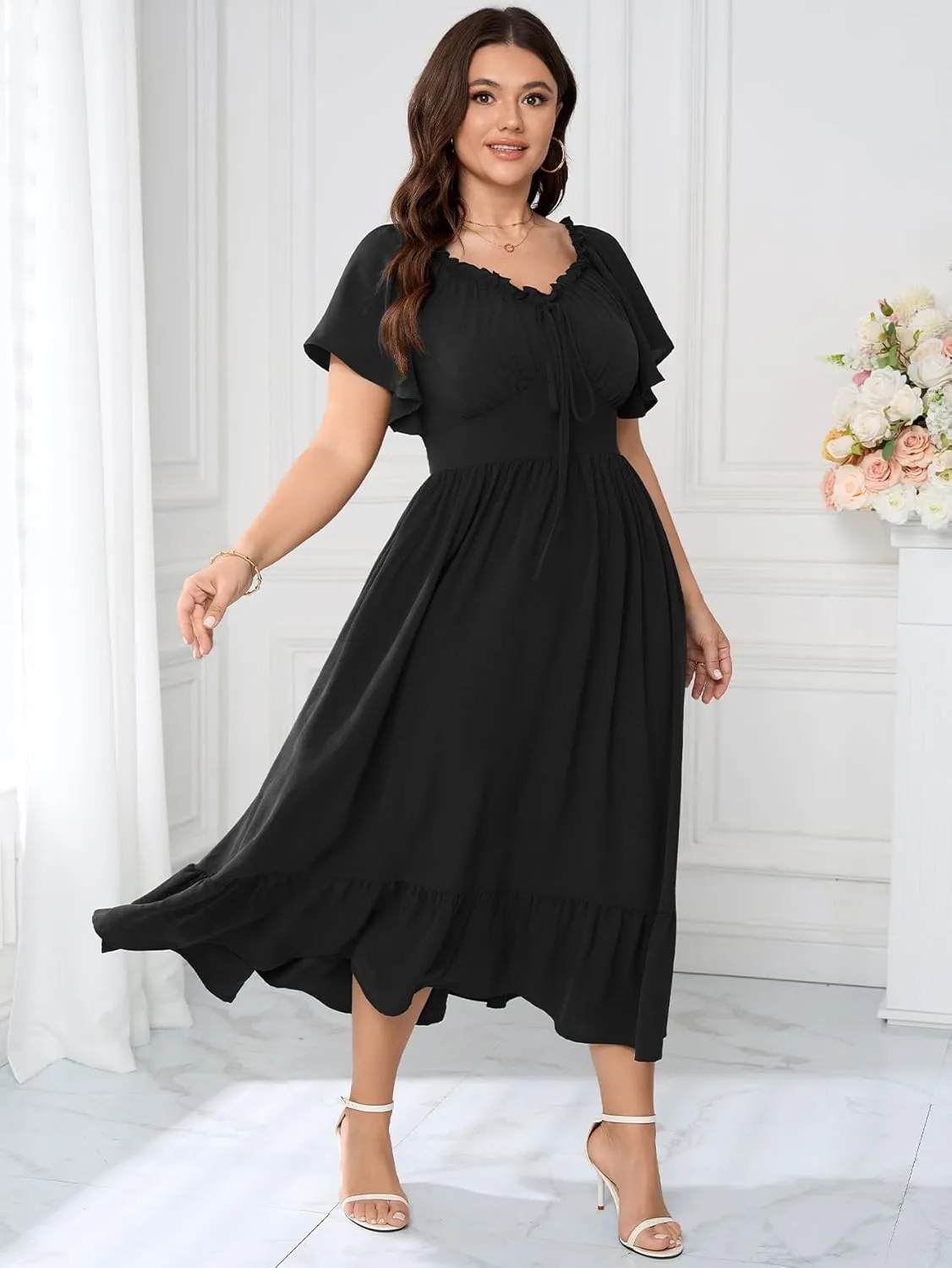 SCOMCHIC Womens Plus Size Dresses Short Sleeve Elastic V Neck Smocked Summer Ruffle Flowy A Line Maxi Dress