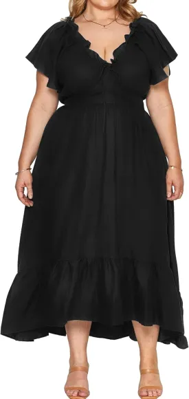 SCOMCHIC Womens Plus Size Dresses Short Sleeve Elastic V Neck Smocked Summer Ruffle Flowy A Line Maxi Dress