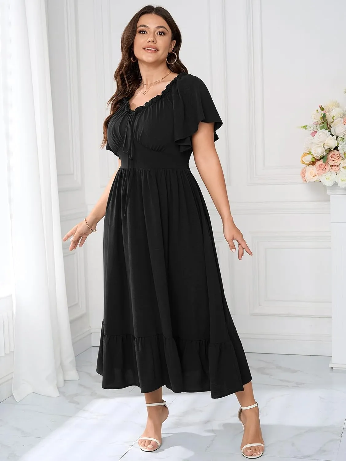 SCOMCHIC Womens Plus Size Dresses Short Sleeve Elastic V Neck Smocked Summer Ruffle Flowy A Line Maxi Dress