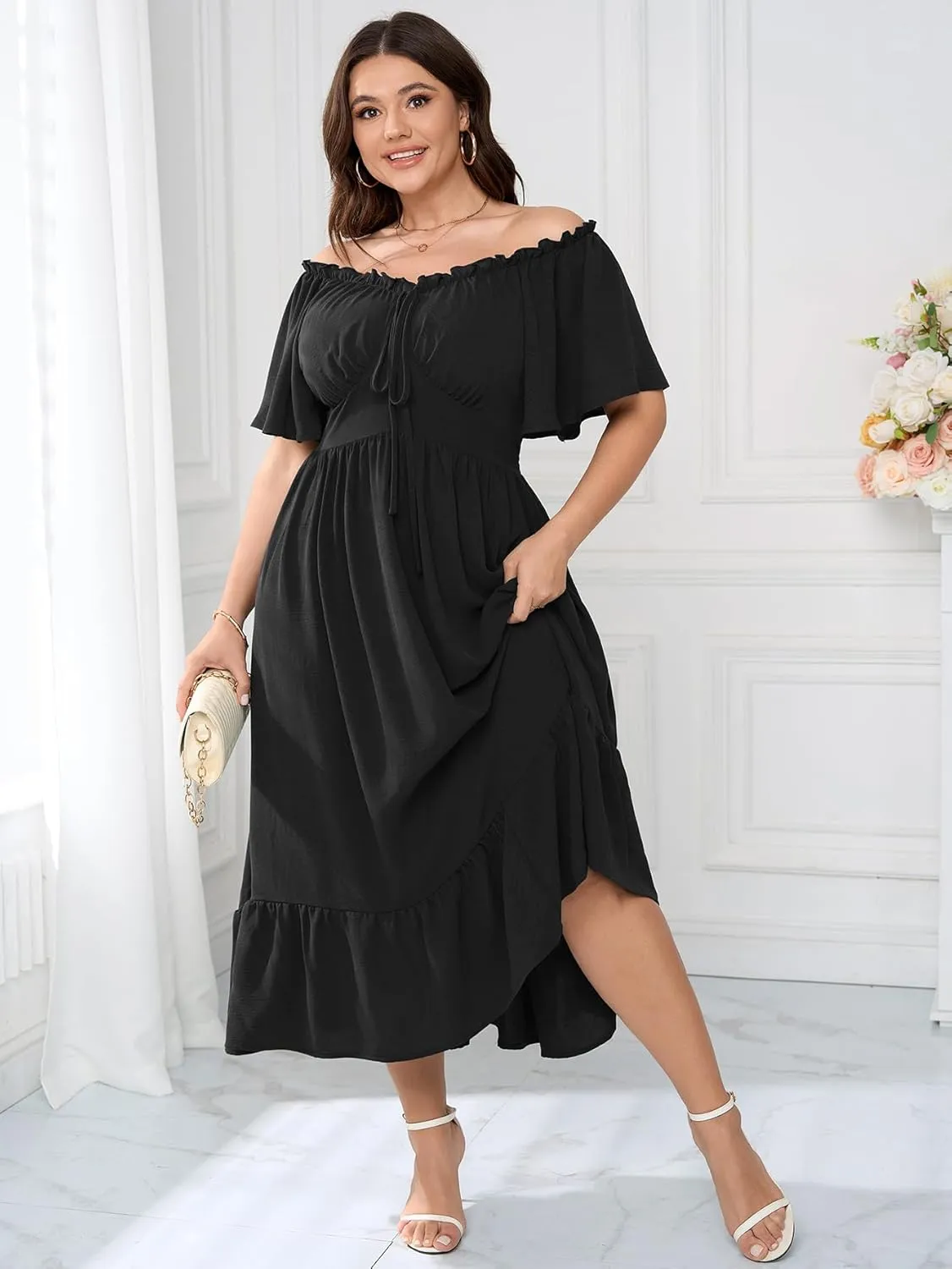 SCOMCHIC Womens Plus Size Dresses Short Sleeve Elastic V Neck Smocked Summer Ruffle Flowy A Line Maxi Dress