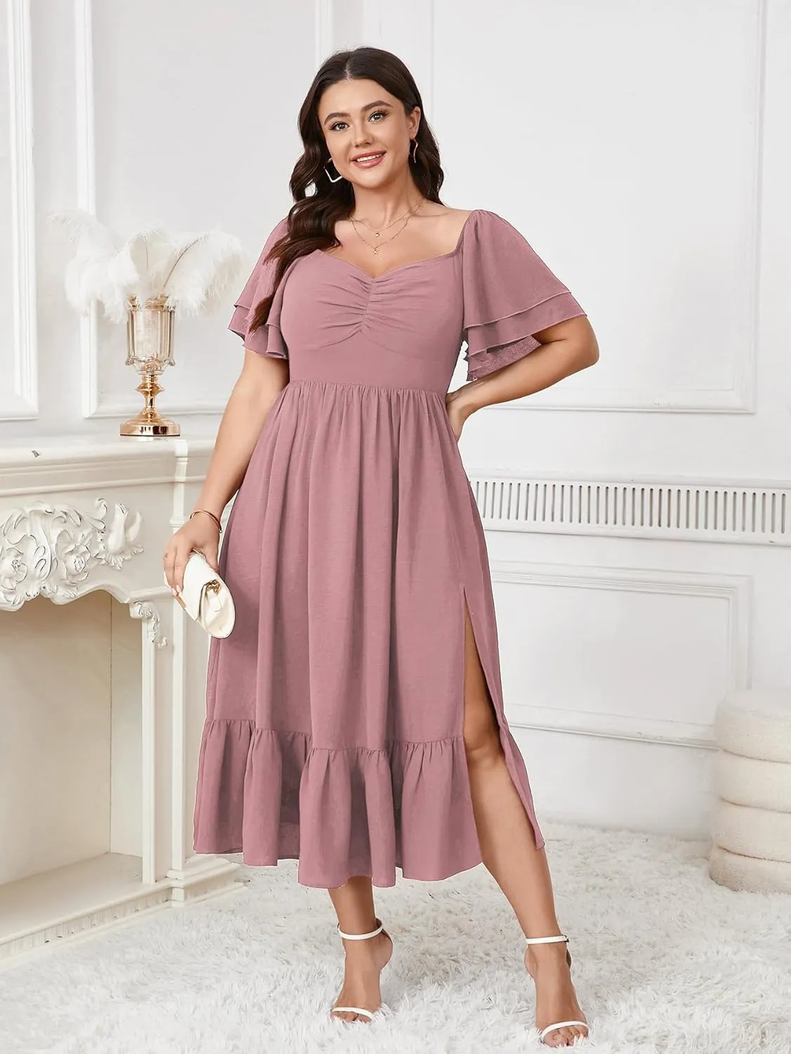 SCOMCHIC Womens Plus Size Wedding Guest Cocktail Dresses Sweetheart Neckline Short Sleeve Smocked Ruffle Slit Maxi Dress