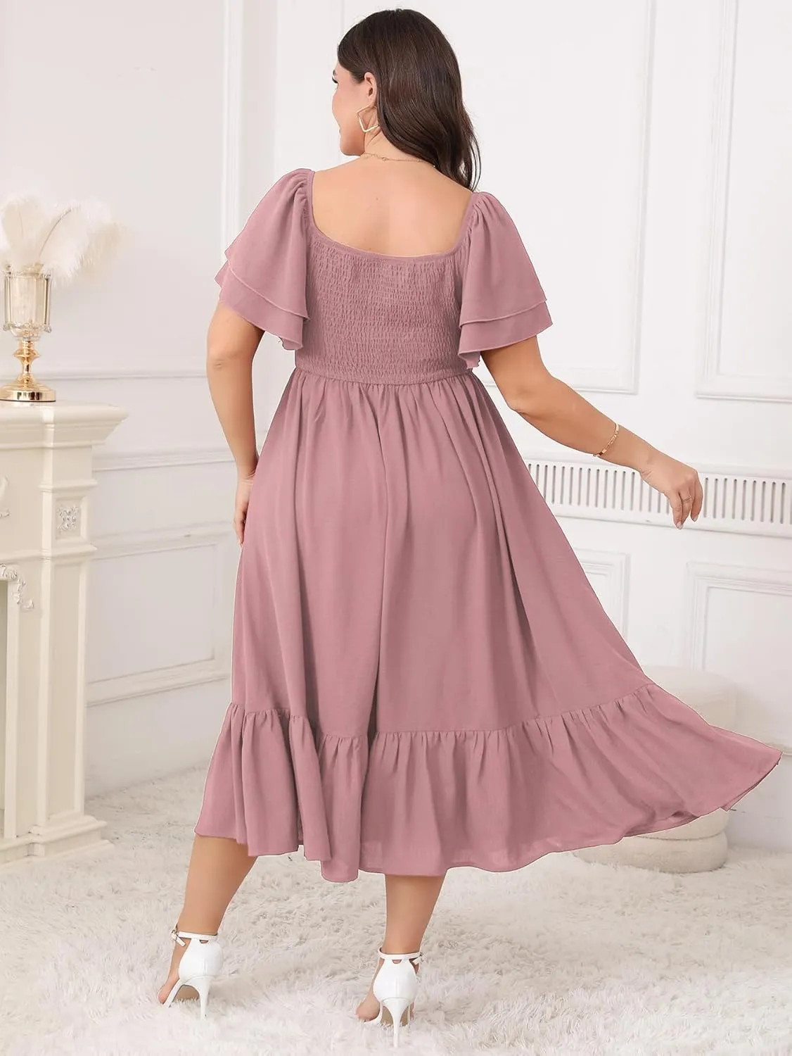 SCOMCHIC Womens Plus Size Wedding Guest Cocktail Dresses Sweetheart Neckline Short Sleeve Smocked Ruffle Slit Maxi Dress