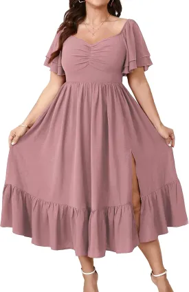 SCOMCHIC Womens Plus Size Wedding Guest Cocktail Dresses Sweetheart Neckline Short Sleeve Smocked Ruffle Slit Maxi Dress
