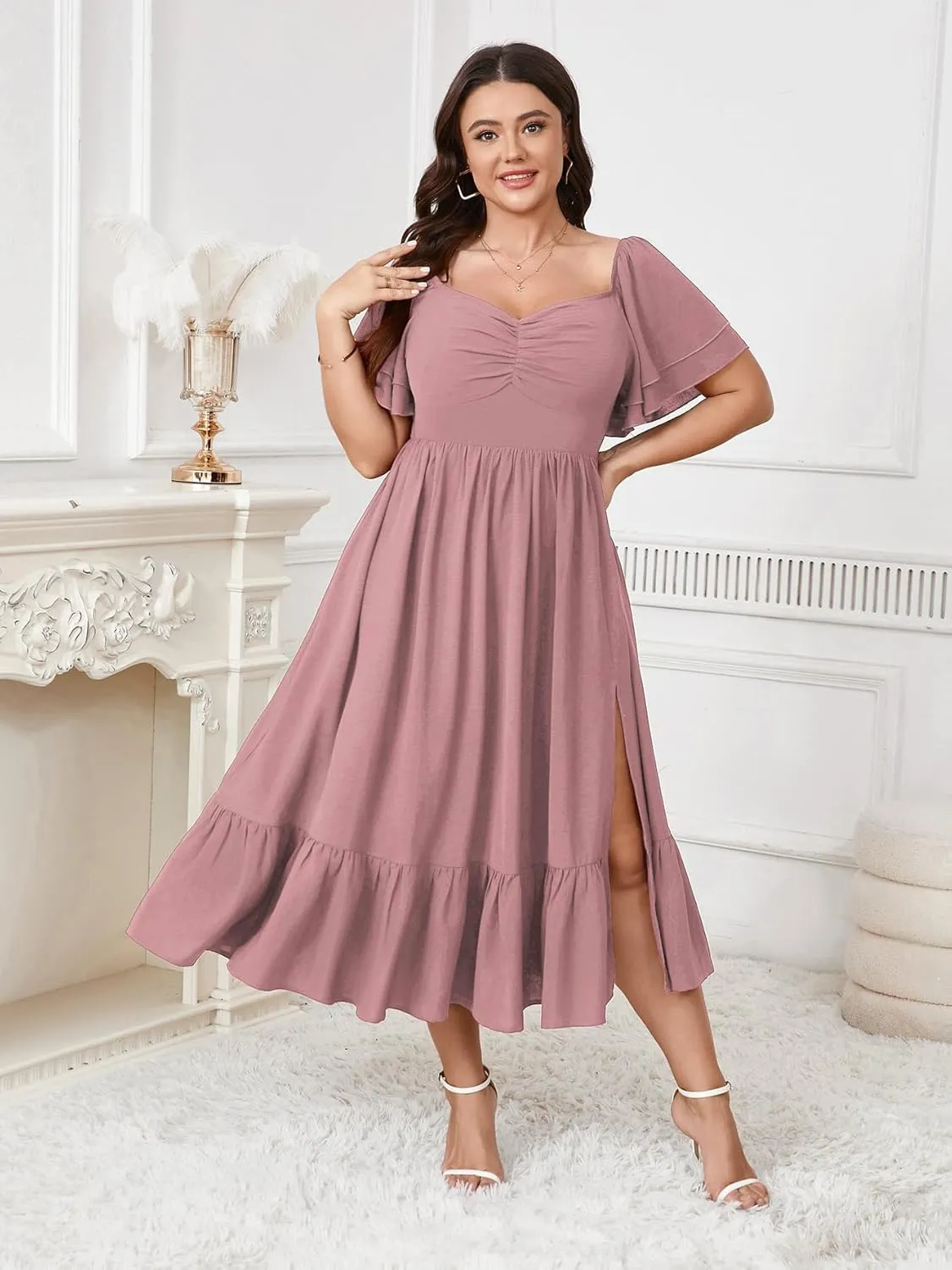 SCOMCHIC Womens Plus Size Wedding Guest Cocktail Dresses Sweetheart Neckline Short Sleeve Smocked Ruffle Slit Maxi Dress