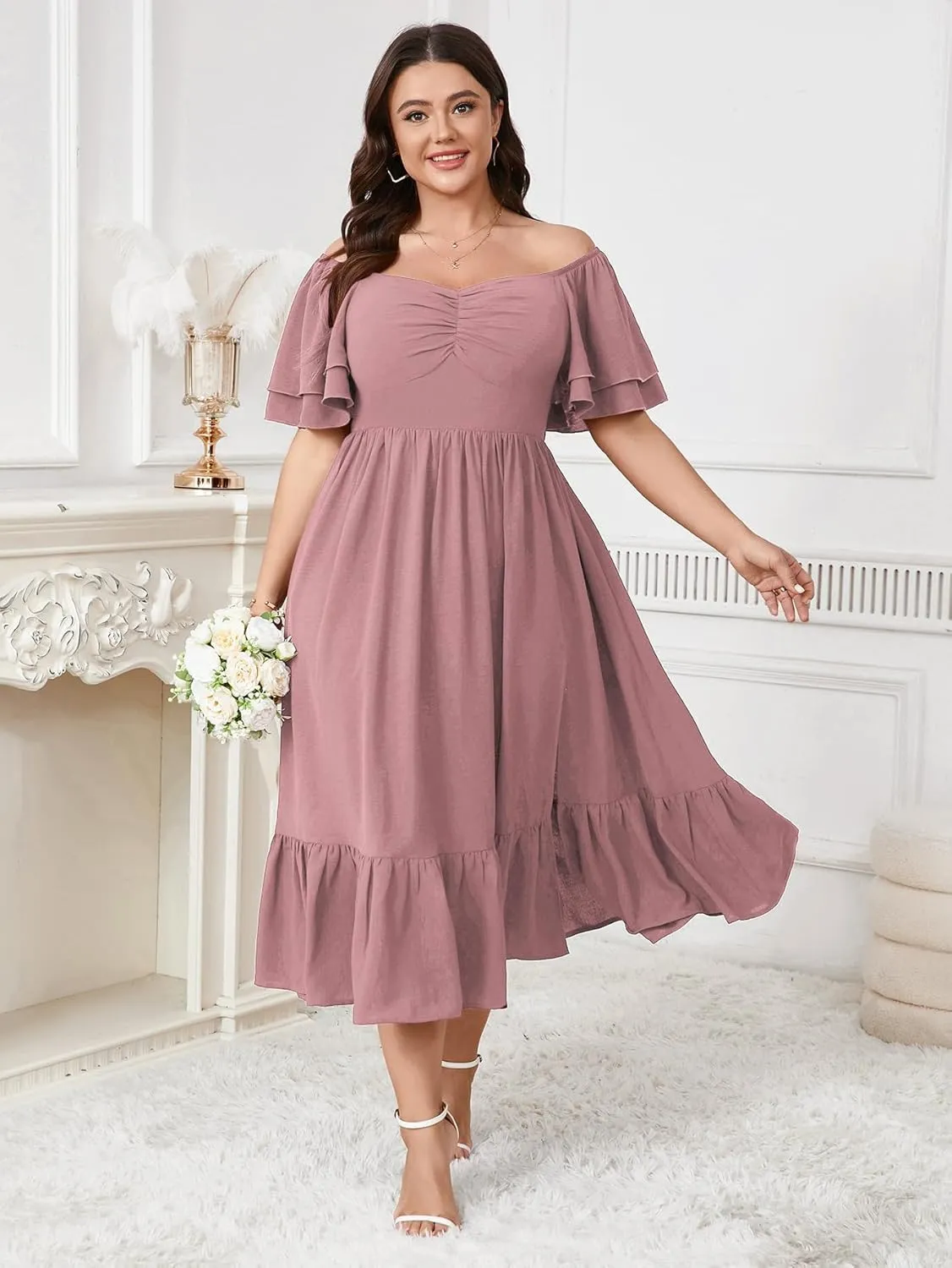 SCOMCHIC Womens Plus Size Wedding Guest Cocktail Dresses Sweetheart Neckline Short Sleeve Smocked Ruffle Slit Maxi Dress
