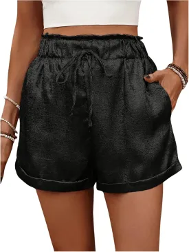 SHENHE Women's Shiny Wide Leg Shorts Elastic Waist Tie Front Summer Paperbag Shorts