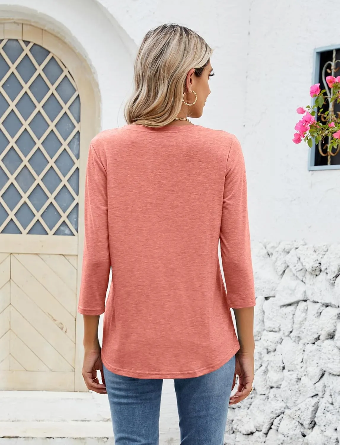 Sherosa Womens Casual 3/4 Sleeve T Shirts Crew Neck Loose Fit Tunic Tops Solid Basic Tops Tees