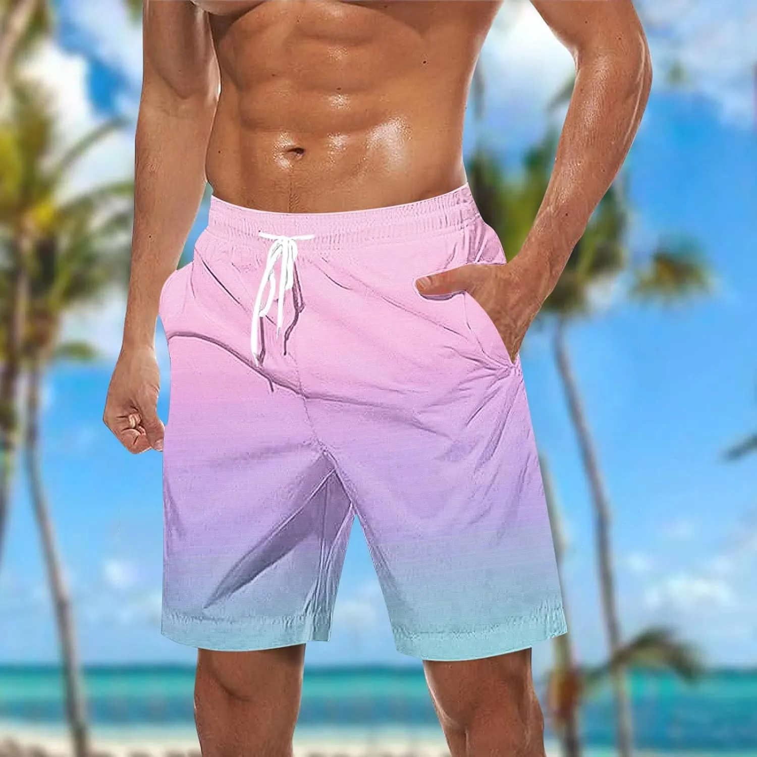 Summer Shorts for Men Gradient Lightweight Quick Dry Short Pants Hawaiian Beach Casual Crop Trouser with Pockets