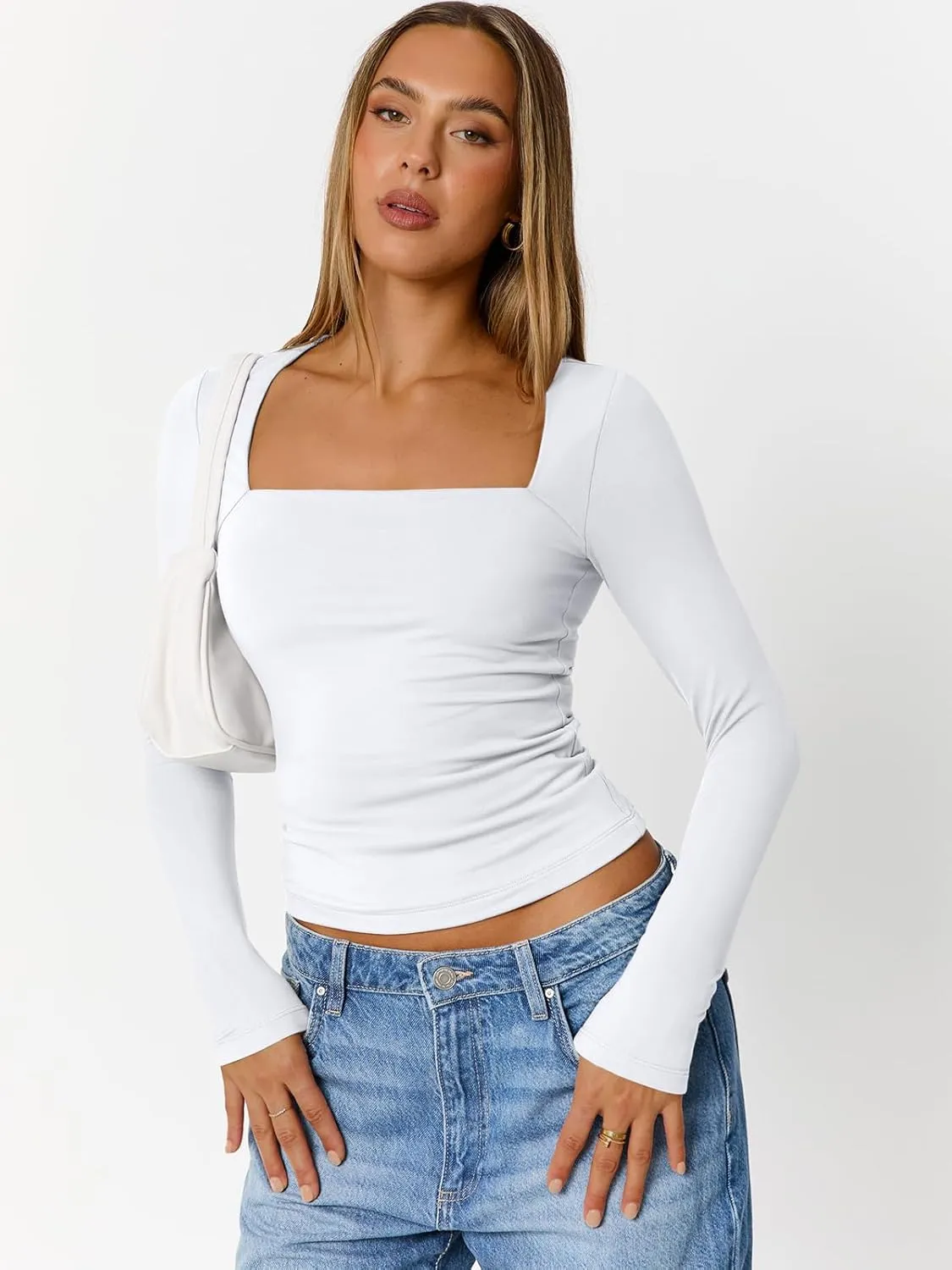 Trendy Queen Womens Long Sleeve Shirts Square Neck Crop Tops Going Out Clothes Cute Workout Fall Fashion Outfits 2025