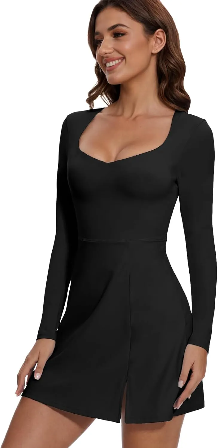 Wenlia Long Sleeve Dresses for Women 2025 Fall Women's Mini Bodycon Sweetheart Neckline Dress with Slit Built in Shorts