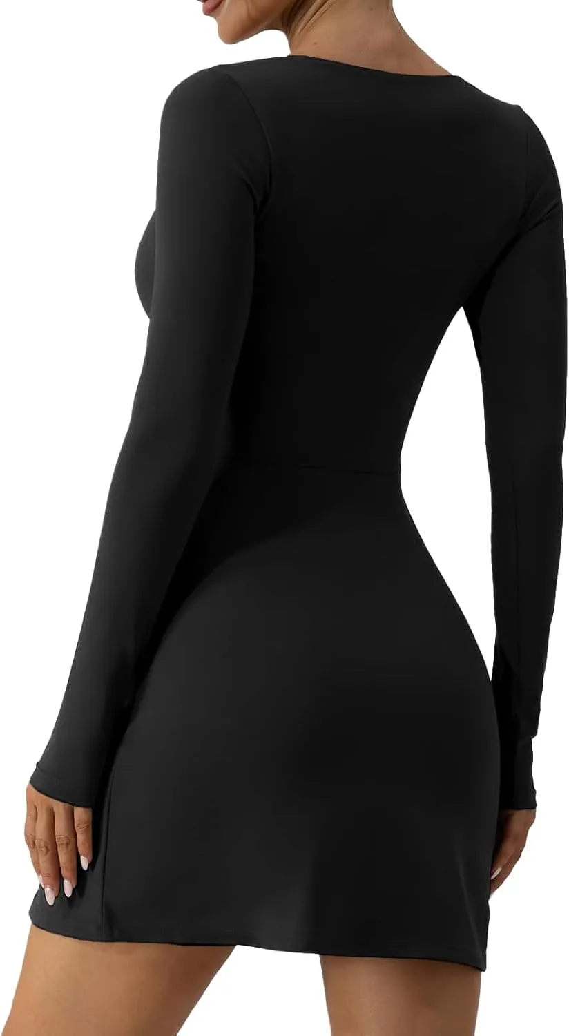 Wenlia Long Sleeve Dresses for Women 2025 Fall Women's Mini Bodycon Sweetheart Neckline Dress with Slit Built in Shorts
