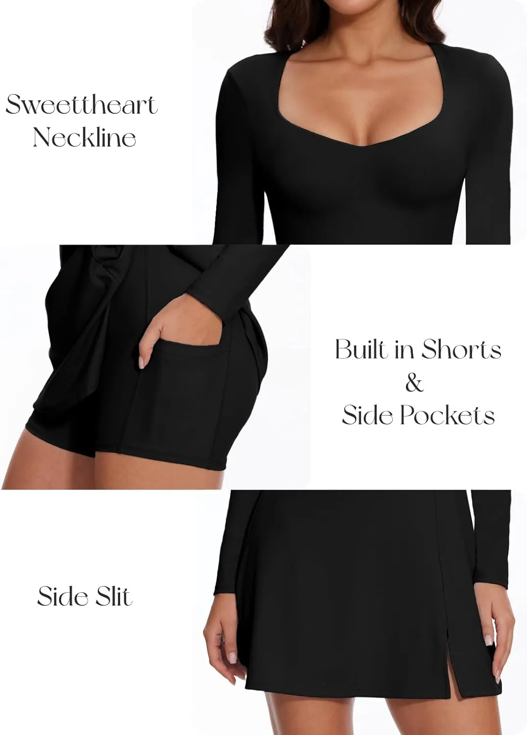 Wenlia Long Sleeve Dresses for Women 2025 Fall Women's Mini Bodycon Sweetheart Neckline Dress with Slit Built in Shorts