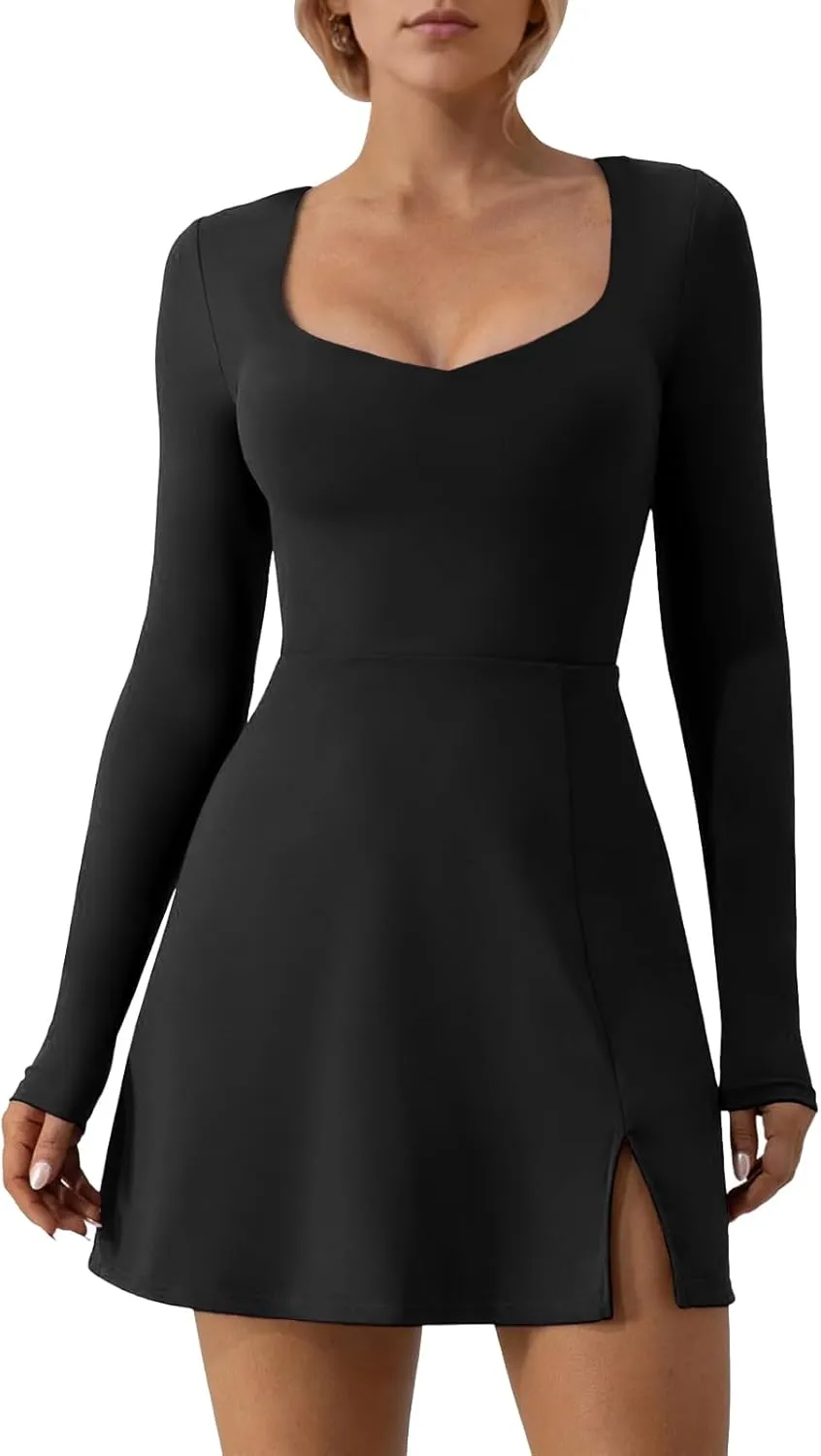 Wenlia Long Sleeve Dresses for Women 2025 Fall Women's Mini Bodycon Sweetheart Neckline Dress with Slit Built in Shorts