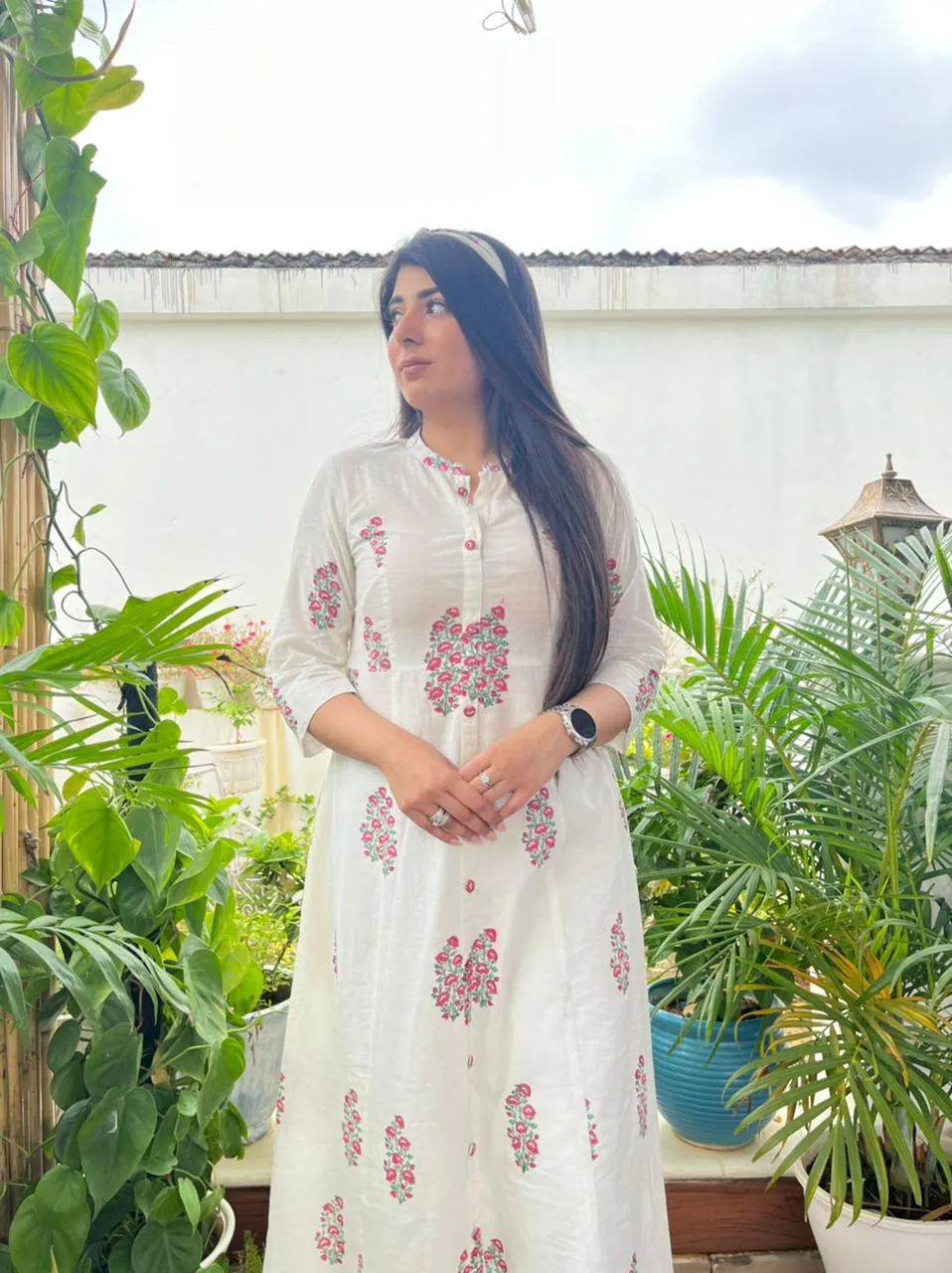 WHITE PRINTED LONG DRESS FOR WOMEN