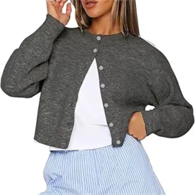 Women Casual Solid Long Sleeve Whispers Knit Cardigan Cute Y2k Crewneck Open Front Button Down Cropped Cardigan Sweater