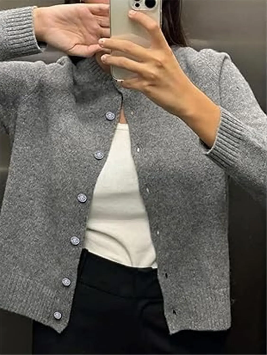 Women Casual Solid Long Sleeve Whispers Knit Cardigan Cute Y2k Crewneck Open Front Button Down Cropped Cardigan Sweater