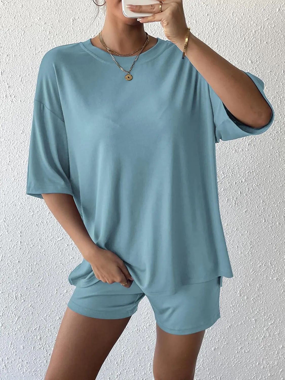 Womens 2 Piece Lounge Sets 2025 Summer Travel Outfits Casual Short Sleeve Oversized Tshirts Tops Biker Shorts