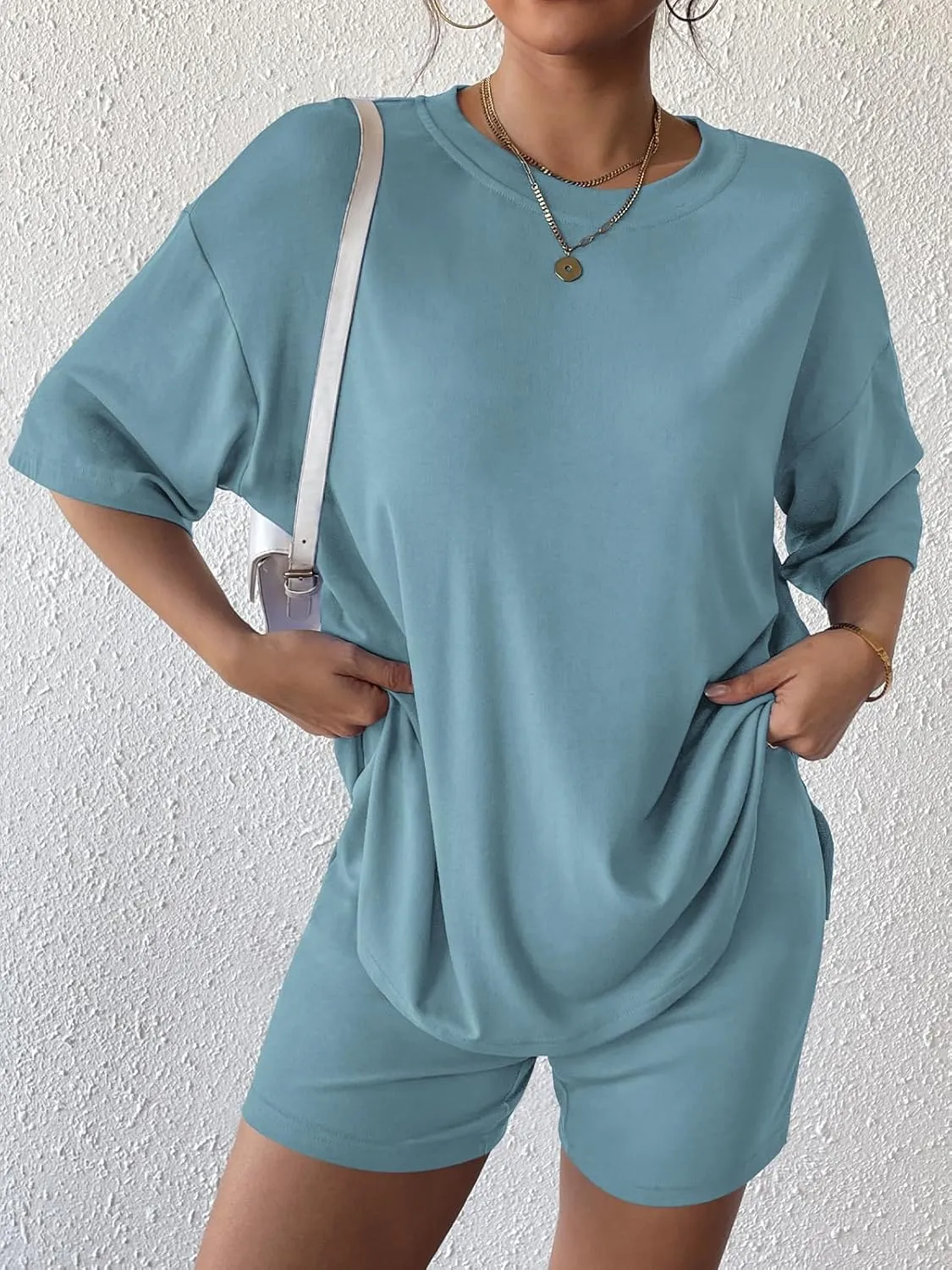 Womens 2 Piece Lounge Sets 2025 Summer Travel Outfits Casual Short Sleeve Oversized Tshirts Tops Biker Shorts