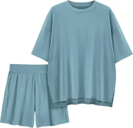 Womens 2 Piece Lounge Sets 2025 Summer Travel Outfits Casual Short Sleeve Oversized Tshirts Tops Biker Shorts