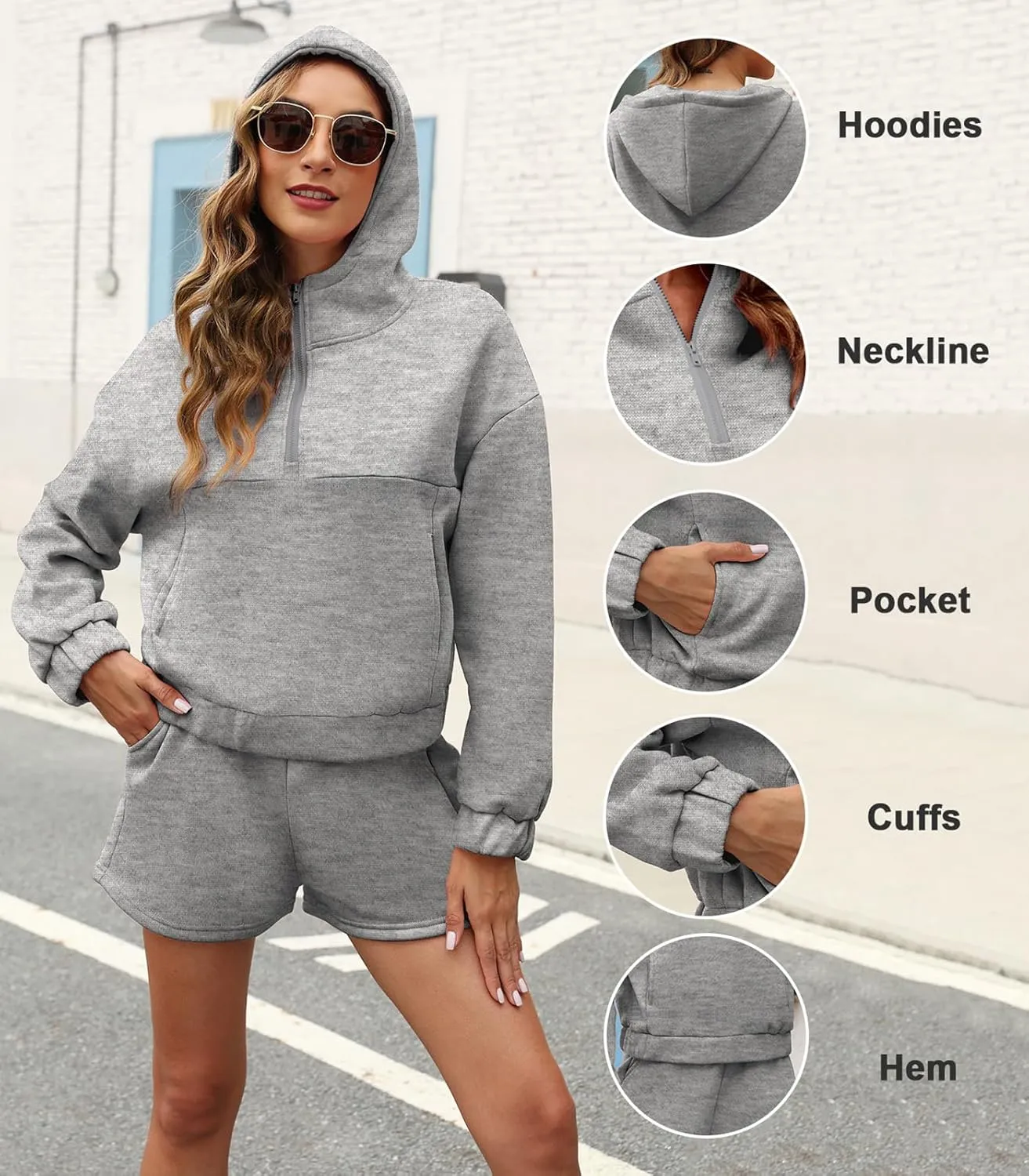 Womens 2 Piece Sweatsuit Outfits Half Zip Hoodie Sweat with Shorts Pockets Lounge Winter Tracksuit Wear Matching Set