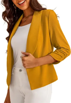 Women's 3/4 Sleeve Cropped Blazer Lightweight Open Front Cardigan Jacket for Business Causal Mustard, Medium