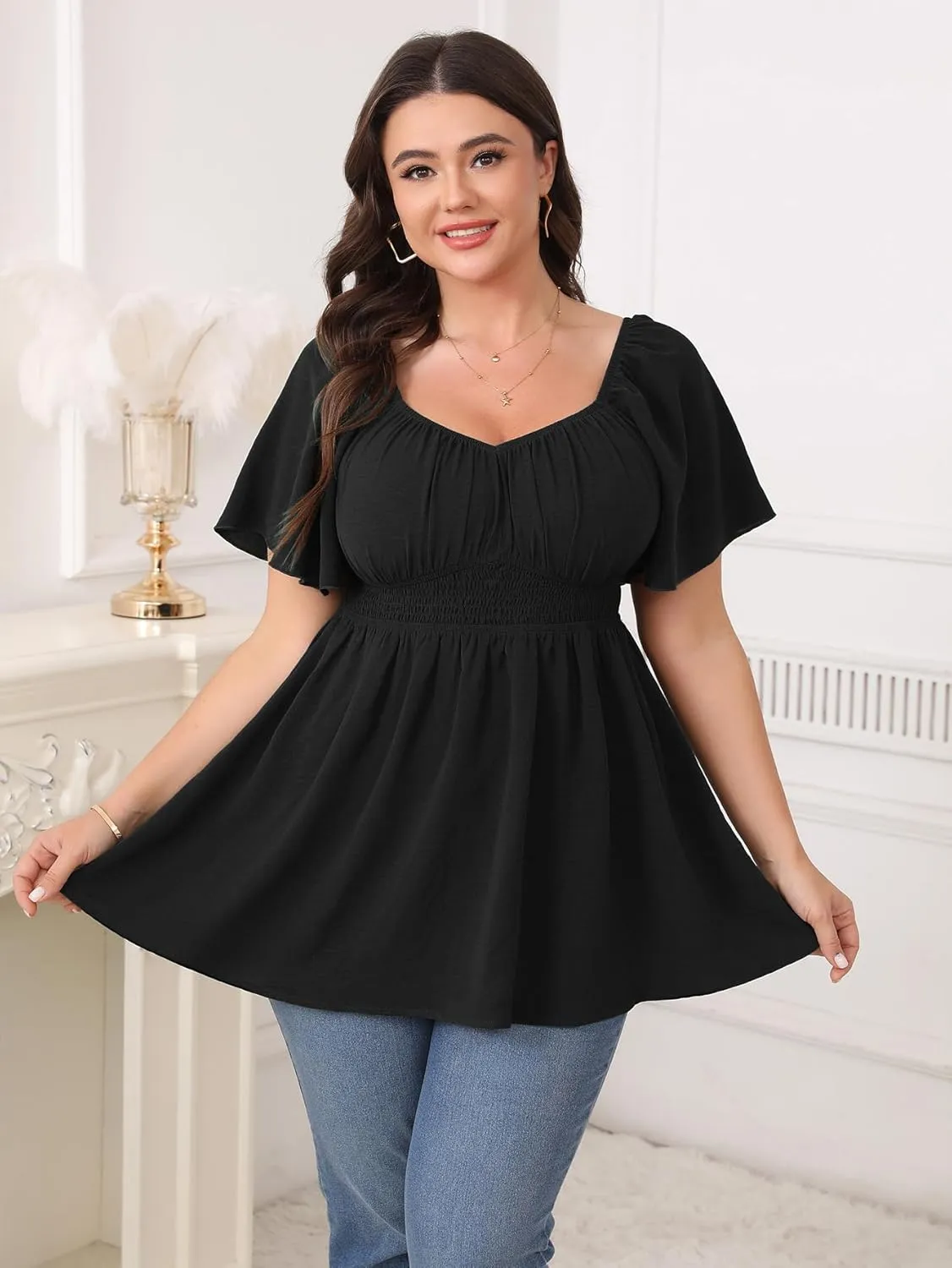 Womens Plus Size Blouse Summer Tops Sweetheart Neck Short Sleeve Ruffle Peplum Smocked Dressy Casual Top