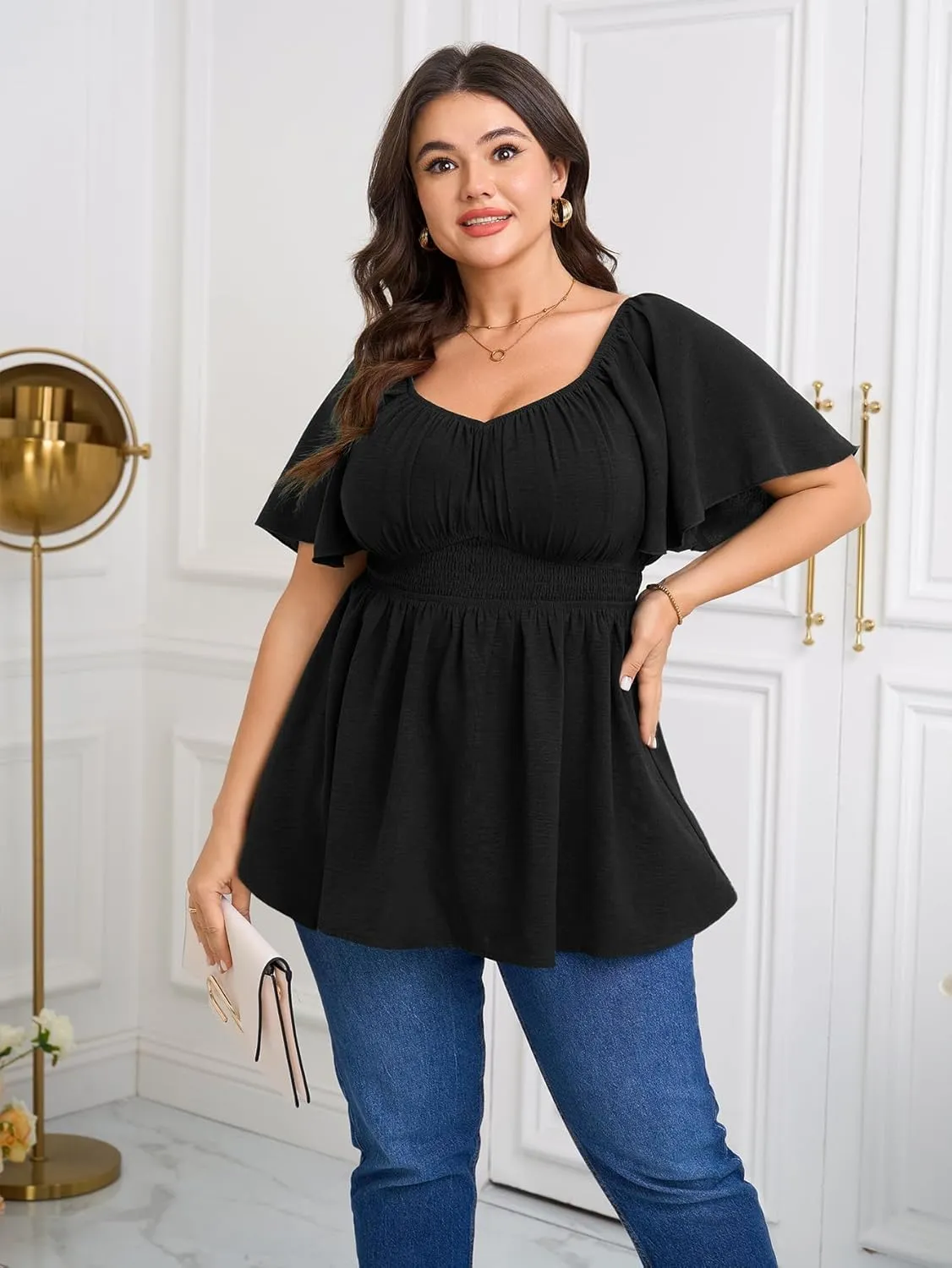 Womens Plus Size Blouse Summer Tops Sweetheart Neck Short Sleeve Ruffle Peplum Smocked Dressy Casual Top